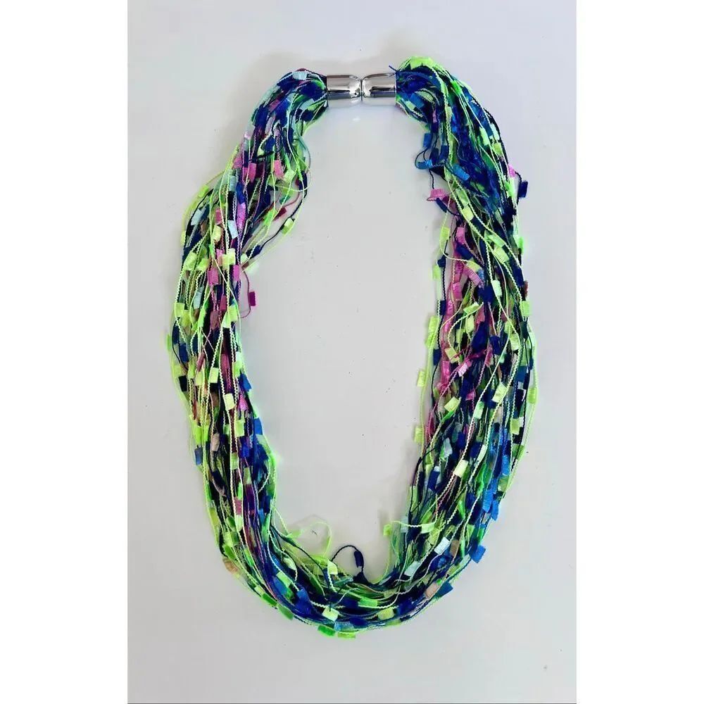 Colorful Blue/Green Ribbon Ladder Necklace Lightweight With Magnetic Clasp New